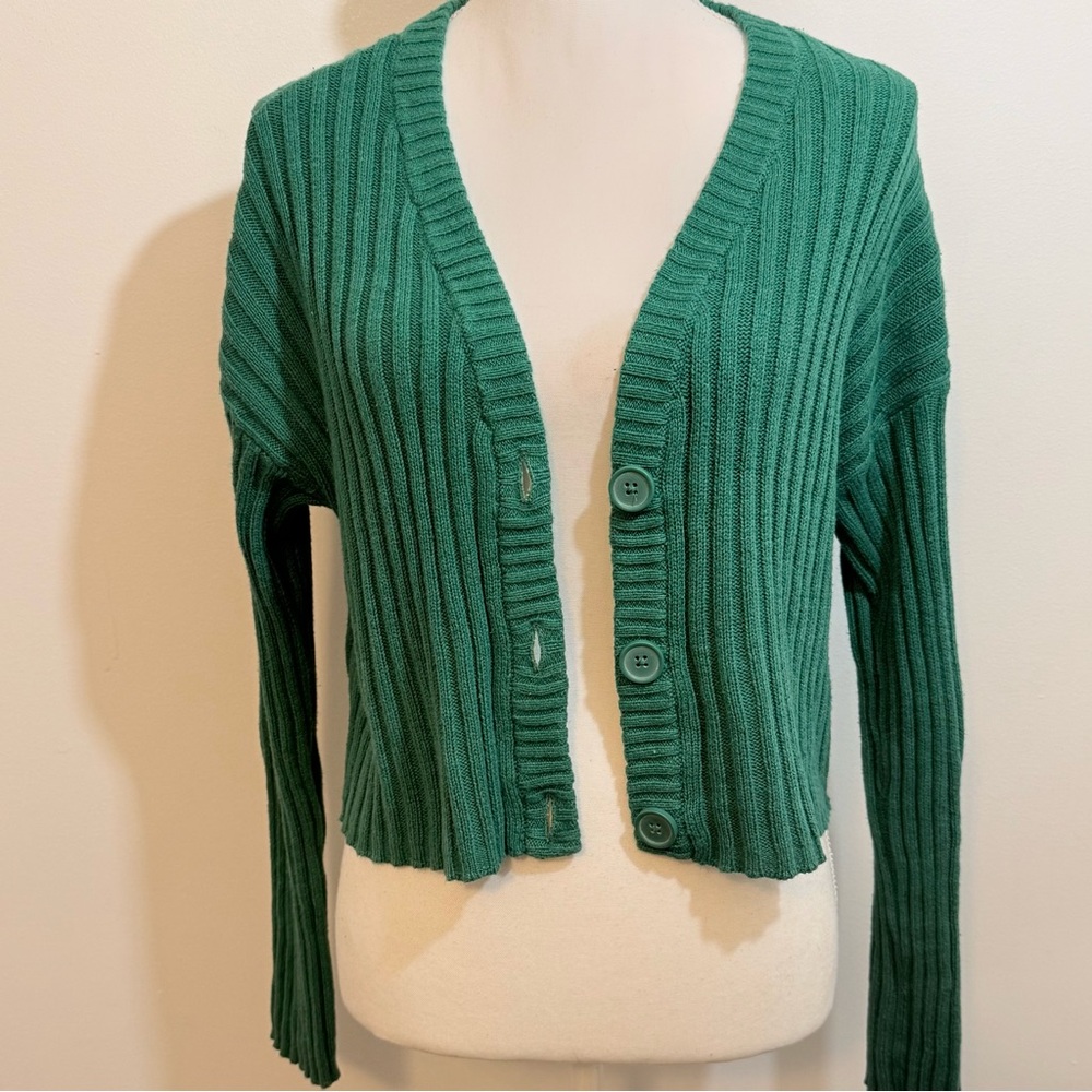 American Eagle Cropped Ribbed Cardigan Sweater – Green – Size Medium - Picture 2 of 7